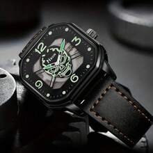 5pcs Men's Gift Set: Skeleton Dial Luminous Pointer Street Fashion PU Strap Quartz Watch, Skeleton Bracelet, Suitable For Gifts, Festivals