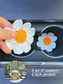 2pcs Hand-Knitted Flower Cup Coasters, Cute Daisy Floral Car Cup Mat Handmade Coasters For Car Interior Decor - one-size - View 13