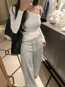 Women's Solid Color Oblique Collar Long Sleeve Fitted Casual T-Shirt, Spring/Summer/Autumn White - White - View 4