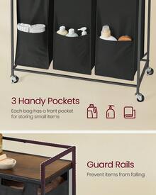 VASAGLE Laundry Hamper, 165 L Laundry Basket Cart With 3 Compartments, Storage Shelf, Wheels, Ink Black And Rustic Brown - Black - View 3