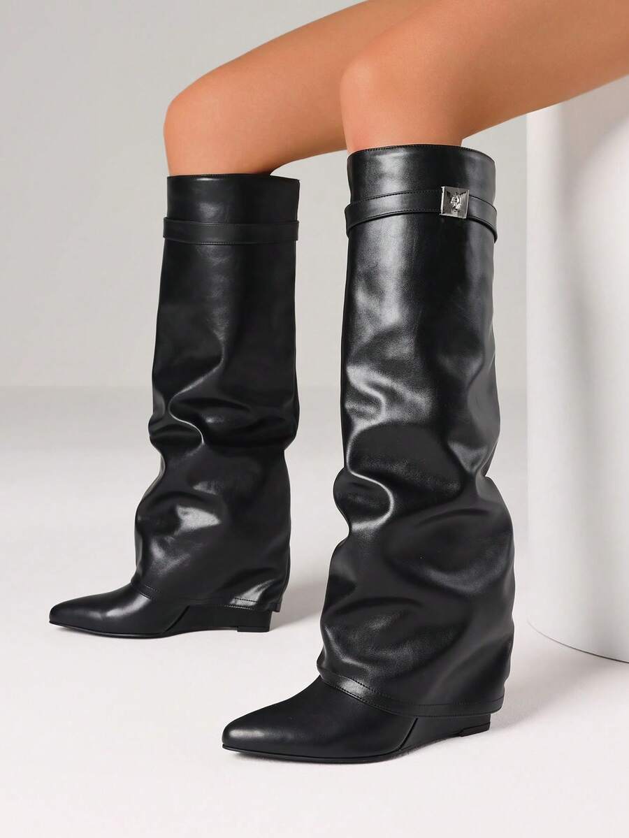 Knee High Fold Over Shark Boots For Women Pointed Toe Wedges High Heels Pull On Slouchy Boots Fashion Party Business Fall Shoes - 黑色 - 查看 1