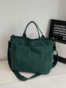 1pc Autumn/Winter Corduroy Multi-Pocket Tote Bag, Solid Color Durable Large Capacity Casual Bag, Unisex Outdoor Organizer Shopping Handbag For Work Office