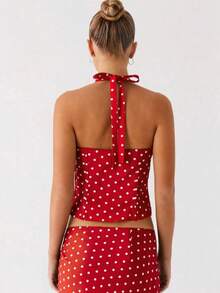 Women's Polka Dot Skirts Set Sleeveless Halter Neck Slim Fit Crop Top Bodycon Maxi Skirt Sets Summer Outfits - Đỏ - Xem 5