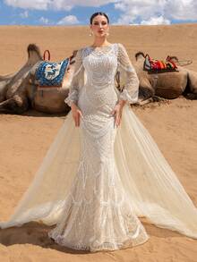 Faeriesty Valentine's Day Elegant Long-Sleeve Evening Gown With Intricate Beadwork & Geometric Sequin Patterns – Sheer Puffed Sleeves, Layered Tulle Dress For Red-Carpet & Wedding Elegance Birthday Outfit,Ramadan Clothes - Champagne - View 7