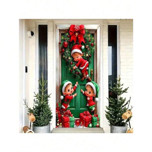 1pc 2D Door Banner, Santa Claus & Elf Polyester Hanging Door Banner, Multipurpose Holiday Decor, Suitable For General Use And Christmas Party Decor