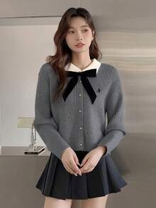 秋冬學院風拼色蝴蝶結領長袖刺繡女款開襟針織外套，街頭風 - 深灰色 - 查看 3