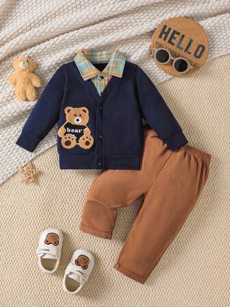 Conjunto de 2 piezas de sudaderas casuales con estampado de oso para caballero de otoño para niño