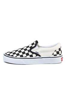 Vans 经典款男女休闲帆布一脚蹬运动鞋，透气舒适，加厚鞋领，加固鞋头，防滑橡胶鞋底，复古街头风，日常通勤百搭，棋盘格纹 VN000EYEBWW1 - 黑白板/白色 - 查看 1