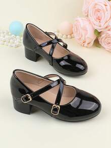 花童鞋适合婚礼、派对、节日，适合所有年龄段的女孩，儿童鞋，经典舒适百搭小鞋子，黑色简约漆皮交叉带高跟鞋，适合正式礼服、表演、芭蕾舞、公主鞋