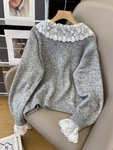 女士纯色蕾丝边休闲长袖针织开衫，简约时尚针织纽扣领，秋冬上衣，适合秋冬季穿着。女士工作衬衫，女士正式衬衫，端庄韩式风格，宽松舒适的纯色休闲日常外套，哥特风女装度假装。 - 灰色 - 查看 2