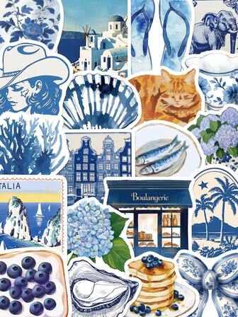 50 piezas Pegatinas de dibujos animados azules Estética de porcelana azul y blanca Calcomanías para iPad, portátiles, teléfonos, álbumes de recortes, guitarras, monopatines, sobres, etiquetas DIY Pegatinas decorativas