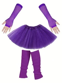 D EXCEED 3件套80年代女士霓虹时尚配饰套装 – 渔网手套、裙子、腿套 – 适用于音乐会、舞台表演、舞会聚会、80年代主题角色扮演 - 彩色 - 查看 17