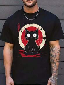 Cartoon Cat T-Shirt Funny Cat Men's Summer T-Shirt 180ggraphic Tees Men Shirts Streetwear White Shirt Black Shirt - 黑色 - 查看 1