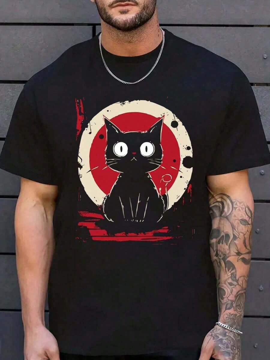 Cartoon Cat T-Shirt Funny Cat Men's Summer T-Shirt 180ggraphic Tees Men Shirts Streetwear White Shirt Black Shirt - 黑色 - 查看 1