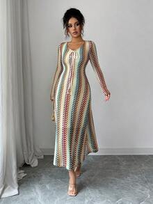 2025 Autumn And Winter Water Wave Pattern Elegant Bohemian Knitted Fabric Cut-Out Front Bowknot Midi Dress - Suitable For Evening Dates, Beach Weddings, Birthday Parties; Elegant, Casual, Four-Season Wear