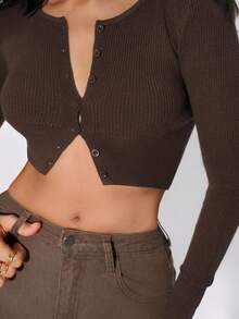 TypaGal Cardigan & Solid Color Shorts Set, Long Sleeve, Simple, Fashionable & Casual For Daily Wear Knit Bodycon Brown Fall Autumn Winter Casual Sporty Chic Modern Going Out Elegant Party - Brown - View 4
