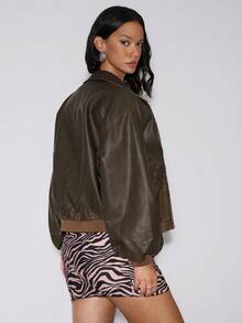 TypaGal Fall Autumn Winter Casual Sporty Chic Modern Going Out Elegant Punk Brown Pocket New Vintage Washed Snowflake PU Leather Jacket Thickened Warm - Brown - View 3