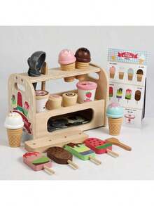 Kids Wooden Pretend Play Mini Ice Cream Maker & Stall, Role Play Kitchen Toys For Boys And Girls