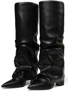 2025 New Knee High Boots For Women With Pointed Thick Heels And Solid Color Patterns Comfortable Fashionable Autumn  Winter Nightclub Party Motorcycle Combat Boots - 黑色pu - 查看 4