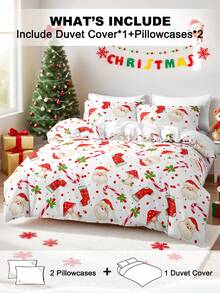 Set de 3 bucăți de husă de pilotă cu imprimeu de reni de Crăciun, brad de Crăciun (1 husă de pilotă și 2 fețe de pernă), set de lenjerie de pat cu husă de pilotă moale și prietenoasă cu pielea pentru casă, set de cearșafuri pentru toate anotimpurile, cadou de Crăciun