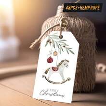 48pcs Vintage Christmas Gift Tags With Jute Twine - Elegant Rocking Horse, Red Berries & Hanging Loops, For Gift Wrapping, Classic Holiday Design With "Merry Christmas" - Suitable For Personal Or Commercial Use - Nostalgic Christmas Party Decor, Holiday Packaging Tags, Holiday Illustrations, Illustrations, Christmas Cards