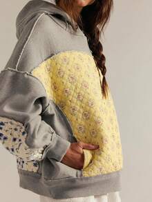 Patchwork Hoodies For Teen Girls Long Sleeve Flower Hibiscus Graphic Print Pullover Sweatshirt Cute Floral Oversized Hoodie - Xám - Xem 3