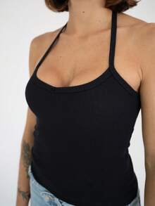 2-Piece Set: Square Neck Tank Top And Ribbed Halter Top In Cotton - Black - View 6