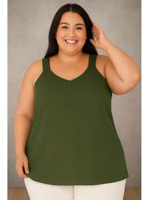 Women's Plus Size Blouse Wide Strap Tank Top Basic Crepe V1 Collar Tank Top Various Colors - xanh quân đội - Xem 3