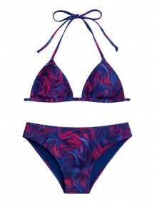 Printed Youth Bikini Set With Tie-Dye Triangle Top, Removable Pads, And Lined Panties For Summer - 紫色 - 查看 4