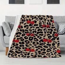 1pc Leopard Cherry Print Flannel Blanket - Ultra-Soft All-Season Throw For Sofa, Bed, Travel & Home Decor - Machine Washable Cozy Gift With Bold Animal Print & Red Cherries, Throw Blanket For Couch, Plush Texture, Contemporary Style, Durable Fabric, Stylish Living-280GSM - 彩色 - 查看 4