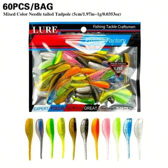 60 pezzi Esca morbida a forma di rana con coda a doppio colore - 5,0 cm/1 g, esche galleggianti senza gancio a colori misti, adatte per bass, luccio e persico - esche da pesca confezionate per acqua dolce e salata.