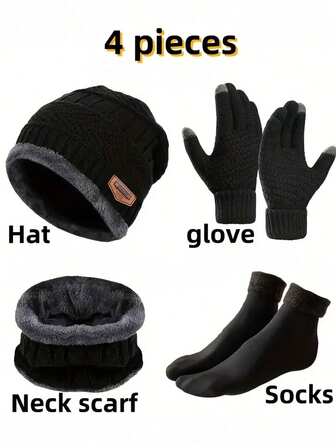 4-delars vintervärmeset: Stickad mössa, termiska handskar, halkfria strumpor - Ultimat skydd i kallt väder för utomhusäventyr, lämplig för både män och kvinnor. Vinterhuvudvärmare.