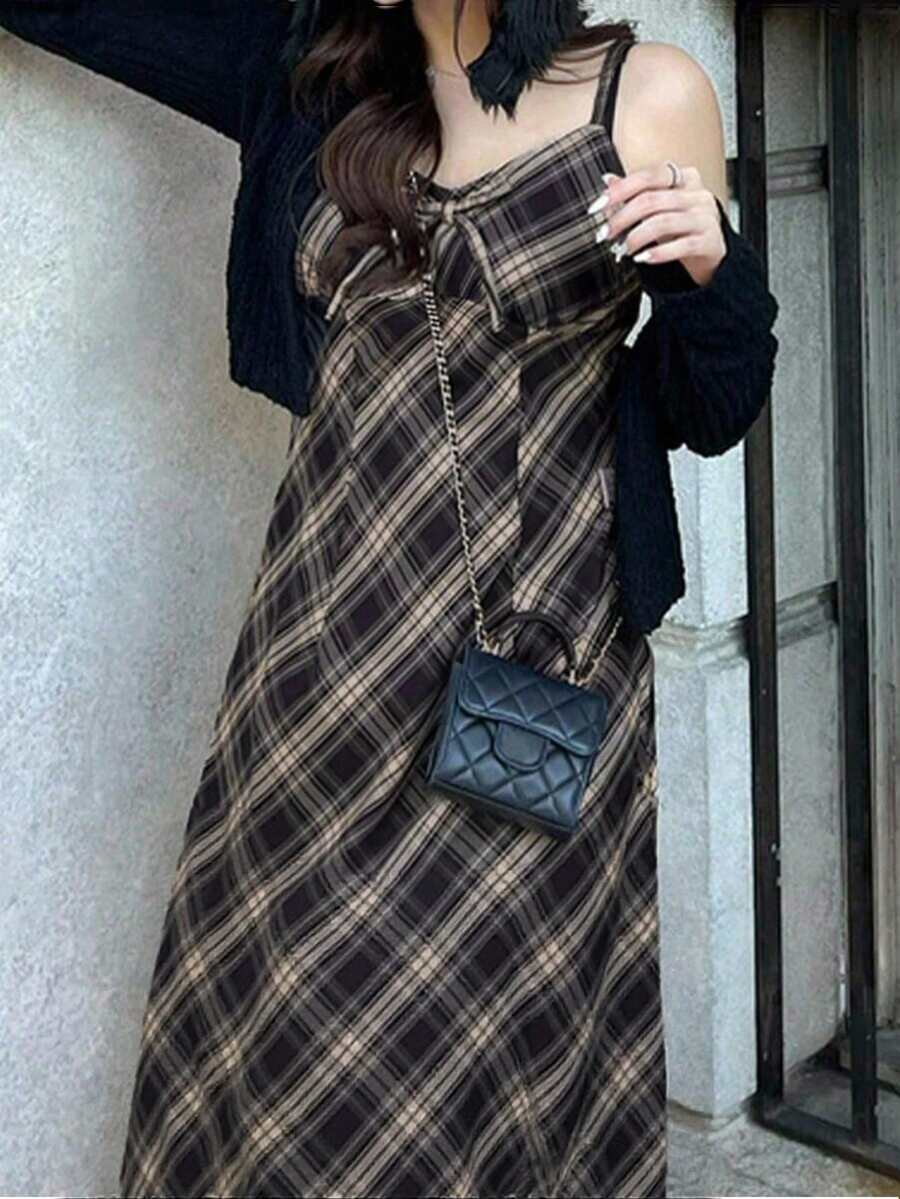 Tartan Plaid Cami Dress Without Cardigan - Black - View 1