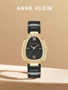 Anne Klein Women's Black Ceramic Bracelet Watch Slim Analog Quartz Watch for Women with Crystal Oval Glossy Black Dial,Ladies' Elegant Wrist Watch with Adjustable Bracelet - 黑色 - 查看 1
