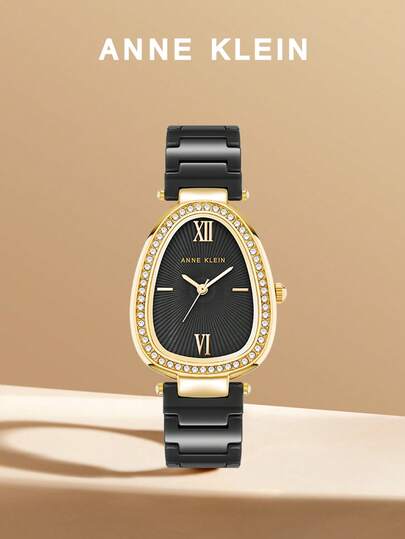 Anne Klein Women's Black Ceramic Bracelet Watch Slim Analog Quartz Watch for Women with Crystal Oval Glossy Black Dial,Ladies' Elegant Wrist Watch with Adjustable Bracelet