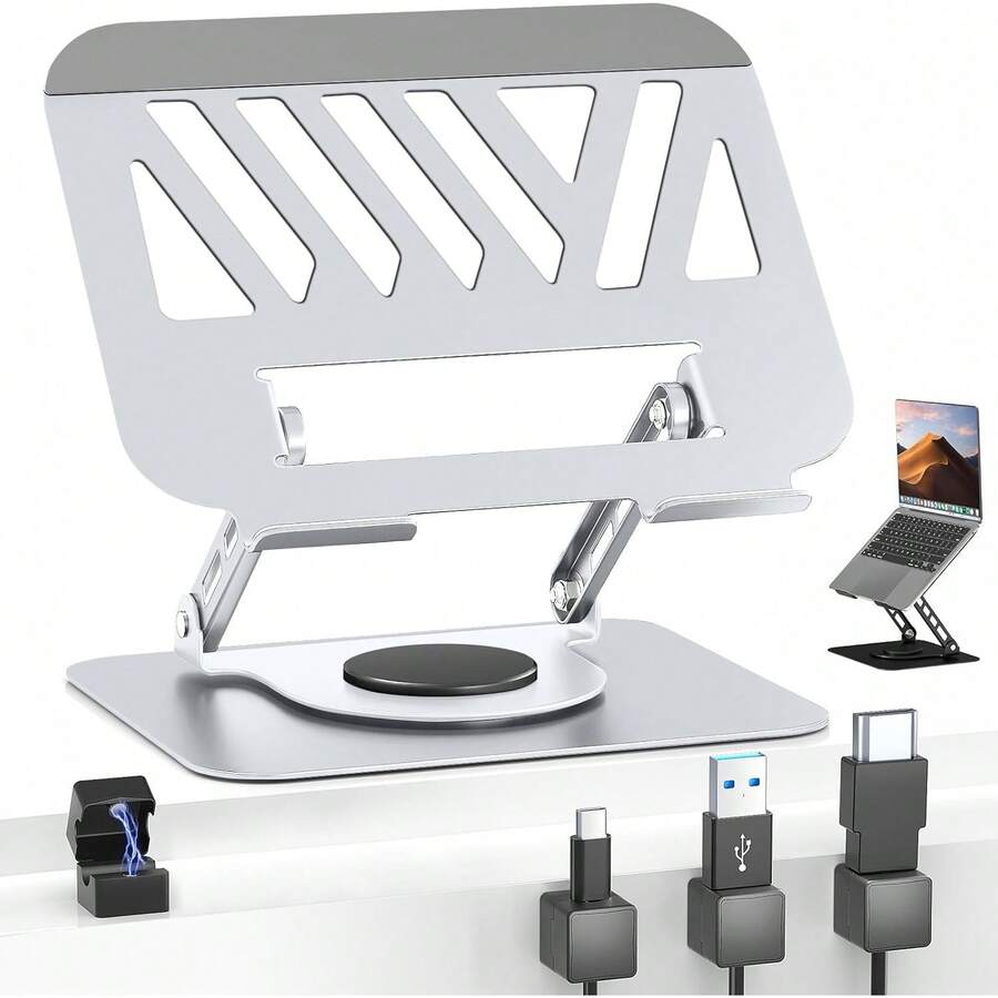 GALASALA Soporte para Laptop Acero Carbono, Base para Laptop Portátil Plegable Antideslizante y Estable, Base Enfriadora para Laptop Stand con báse Giratoria de 360 ° y Altura Ajustable, PC/Tabletas - Plata - Ver 1
