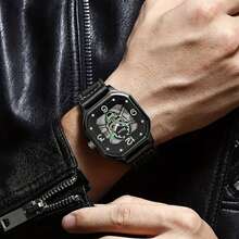 5pcs Men's Gift Set: Skeleton Dial Luminous Pointer Street Fashion PU Strap Quartz Watch, Skeleton Bracelet, Suitable For Gifts, Festivals