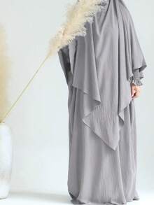 1 Set de Hiyab musulmán de doble capa elegante con buena privacidad, suave y cómodo + Vestido musulmán con diseño de manga elástica, Abaya clásica y versátil (Vestido + Hiyab)