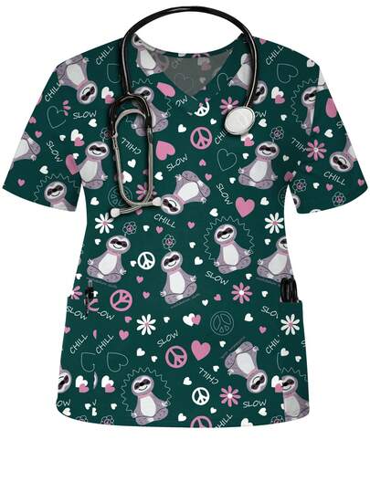 Plus Size Women's Cartoon Sloth V-Neck Short Sleeve Nurse Uniform Top With Pockets, Suitable For Spring/Summer