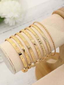 7-Piece Set With Open Bracelet, Six-Pointed Star, Diamond Pattern And Exaggerated Personality - 金色 - 查看 5