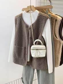 YUXIN 秋冬季女士必备单品！柔软仿羊羔绒无袖开衫背心，配有双口袋，超级保暖，日常百搭。 - 駝色 - 查看 4