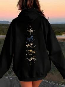 CHICLY19 Women's Oversized BASGIATH Dragon Graphic Hoodie - Black Long Sleeve Pullover With Gold/Blue Dragon Print, Star Accents & Front Logo Design. Loose Fit Casual Sweatshirt For All Seasons, Streetwear Style, Daily Wear, Vacation & Back To School. Cozy Soft Fabric, Kangaroo Pocket, Fantasy-Inspired Hooded Top For Teens & Young Adults. Perfect For Fall/Winter Layering Or Spring Autum Outfits. - 黑色 - 查看 3