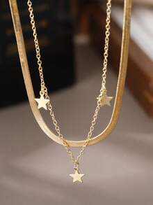 Nooxian 2pcs/Set Stainless Steel Smooth Star Tassel Anklet, Fashionable Sexy For Party And Beach Holiday (Random Star Quantity) - Yellow Gold - View 2