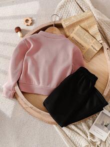 2 Stück/Set Elegantes Outfit für Kleine Mädchen mit Blumendekoration, bestehend aus Strickjacke mit Langarm und schwarzer Schlaghose, Mädchen Winter/Herbst Kleidung