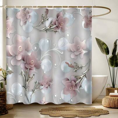 1 件优雅北欧花卉 3D 浮雕浴帘 - 高端防水防雾涤纶窗帘，粉色和白色花朵设计，可机洗，含挂钩 - 非常适合浴室装饰，防水窗帘圣诞装饰