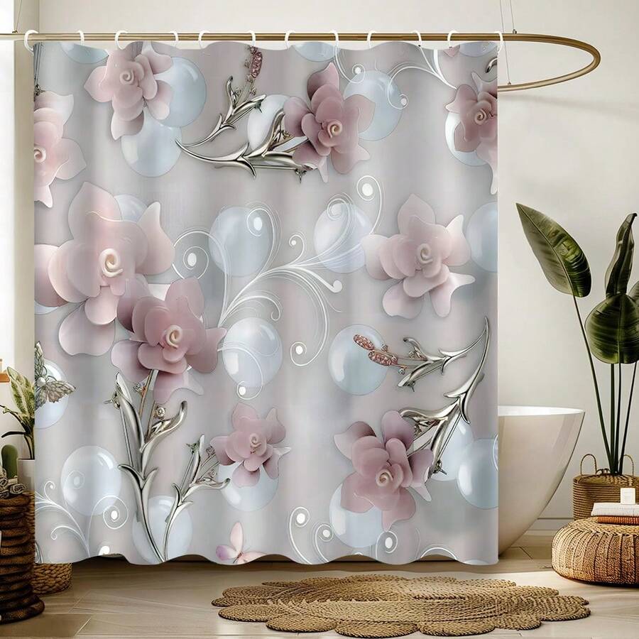 1 件装优雅北欧花卉 3D 浮雕浴帘 - 高端防水防雾涤纶浴帘，粉白花卉图案，可机洗，带挂钩 - 完美的浴室装饰，防水浴帘，圣诞装饰 - 彩色 - 查看 1