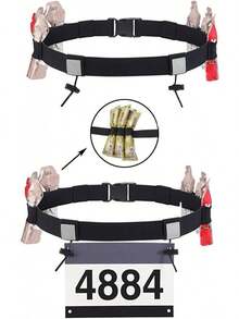 Cinturón de Números de Carrera con 6 Bucles de Gel, 2 Pcs Cinturón de Carreras de Triatlón, Cinturón Elástico para Correr con Tiras Reflectantes, Ajustable, para Triatlón, Maratón (Negro) - Negro & Azul - Ver 1