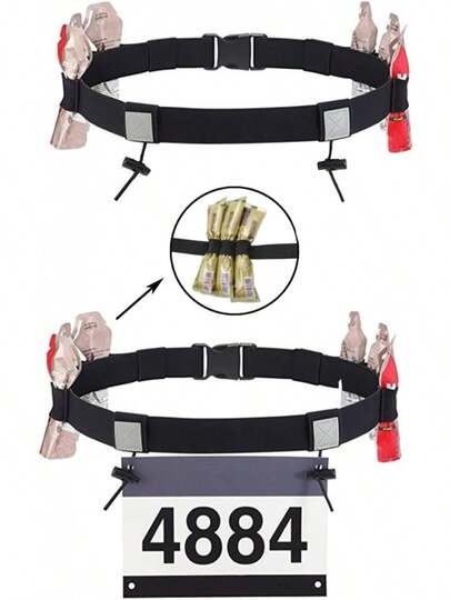 Cinturón de Números de Carrera con 6 Bucles de Gel, 2 Pcs Cinturón de Carreras de Triatlón, Cinturón Elástico para Correr con Tiras Reflectantes, Ajustable, para Triatlón, Maratón (Negro)