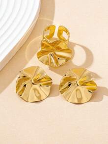 3pcs/Set Punk Style Gold Metal Geometric Pleated Round Pendant Earrings & Ring Set, Suitable For Women's Daily & Party Outfits - Yellow Gold - View 4