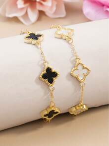 (2pcs/Set) 2pcs Simple And Stylish Lucky Clover Bracelet, Featuring Gold Dripping Four-Leaf Clover Charm Matching With White And Black Multilayer Chain Bracelet, Women's Copper Bangle Suitable For Daily Wear Such As Dating, Graduation, Back To School Season, Making Friends, And Parties Valentines,Mom,Mother,Mother's Day,Gift
